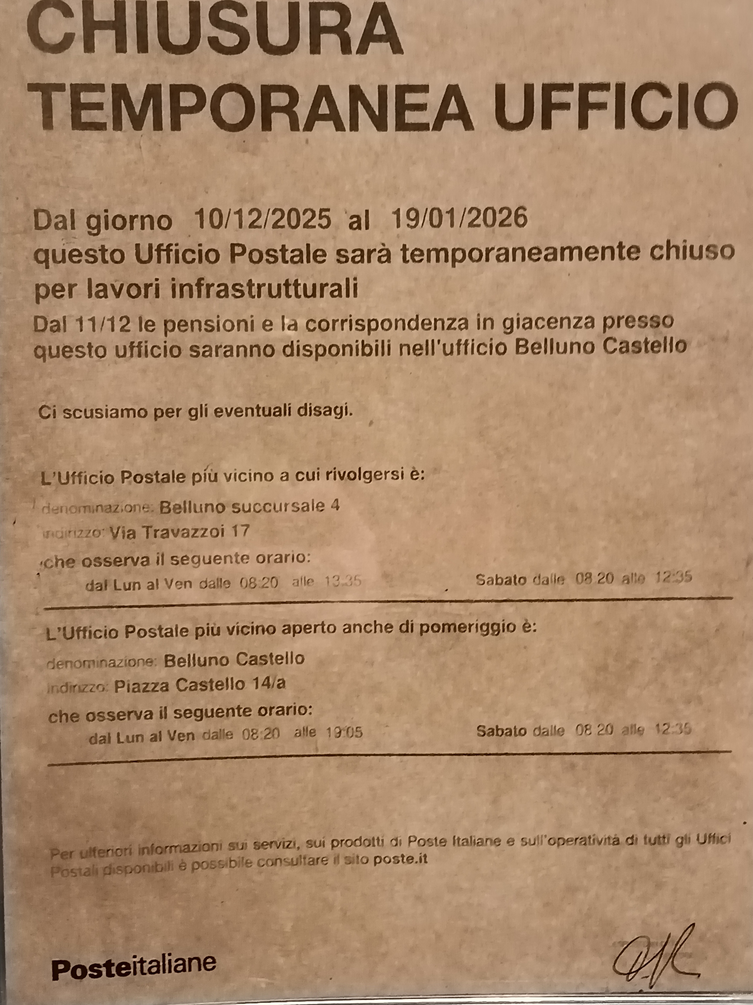 Chiusura temporanea dell’ufficio postale di Baldenich