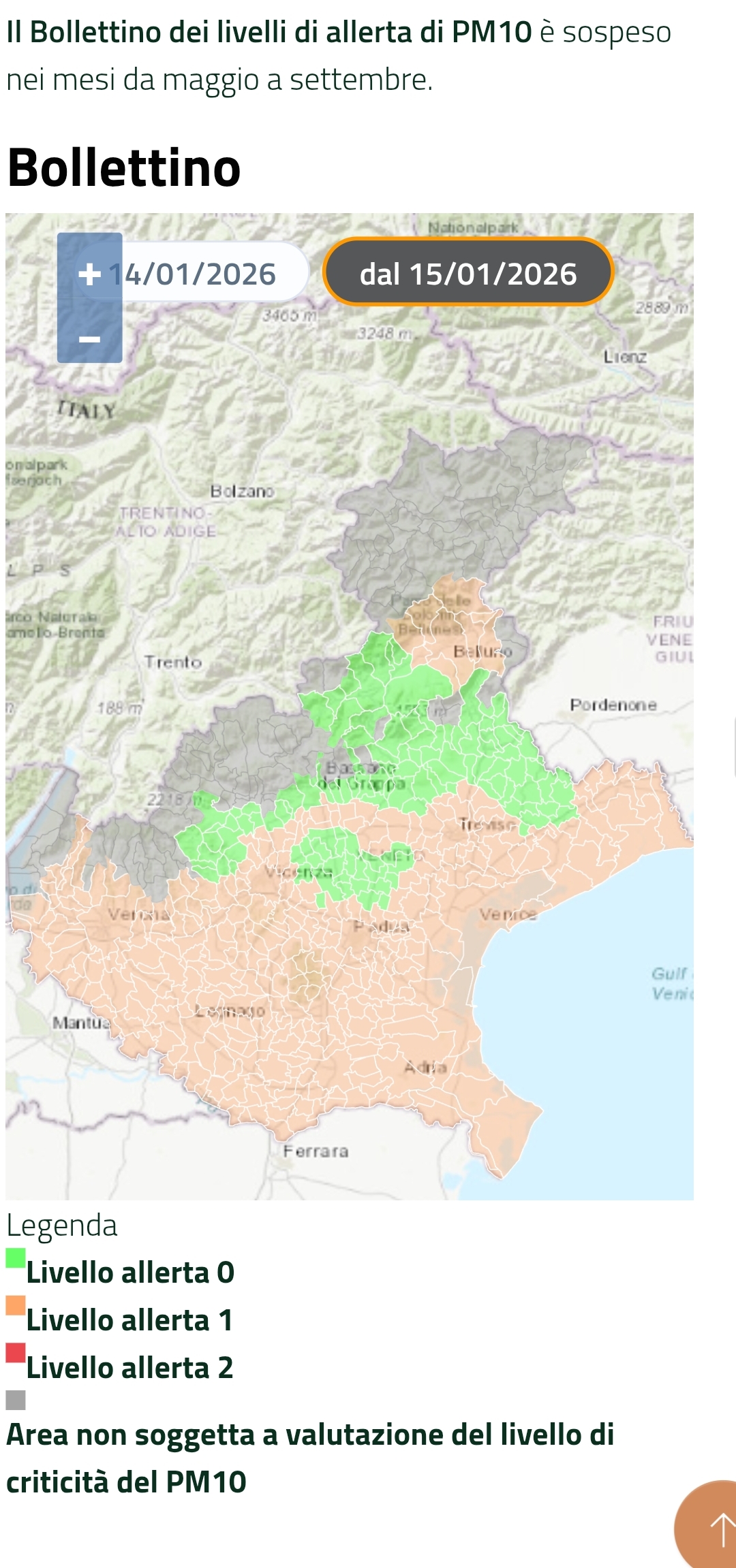 Allerta PM10 a Belluno: livello 1 (arancio)